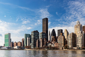 The skyline of the Turtle Bay / Midtown East area of Manhattan on a fall morning, as viewed from Roosevelt Island.