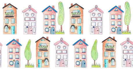 Horizontal seamless pattern with houses 