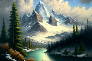 Oil painting style of a snowy mountain with a lake in the foreground Generative AI