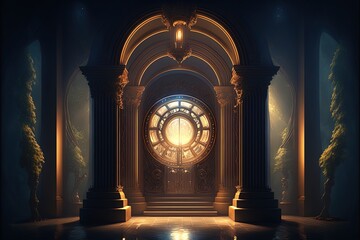 Fantasy landscape, neon light, time portal, architectural majestic portal. AI