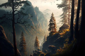 Fantasy forest landscape. AI