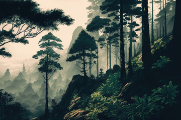 Fantasy forest landscape. AI