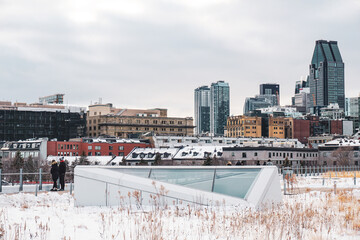 Fototapeta na wymiar view cold winter in the city old port Montreal Downtown