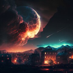 Moon burning down over a city