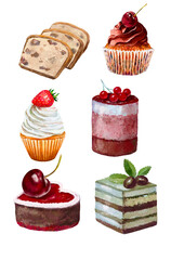 set of cakes and desserts
