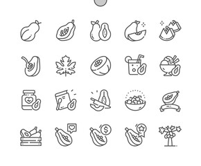 Papaya. Whole fruit and half. Cooking, recipes and price. Food shop, supermarket. Menu for cafe. Pixel Perfect Vector Thin Line Icons. Simple Minimal Pictogram