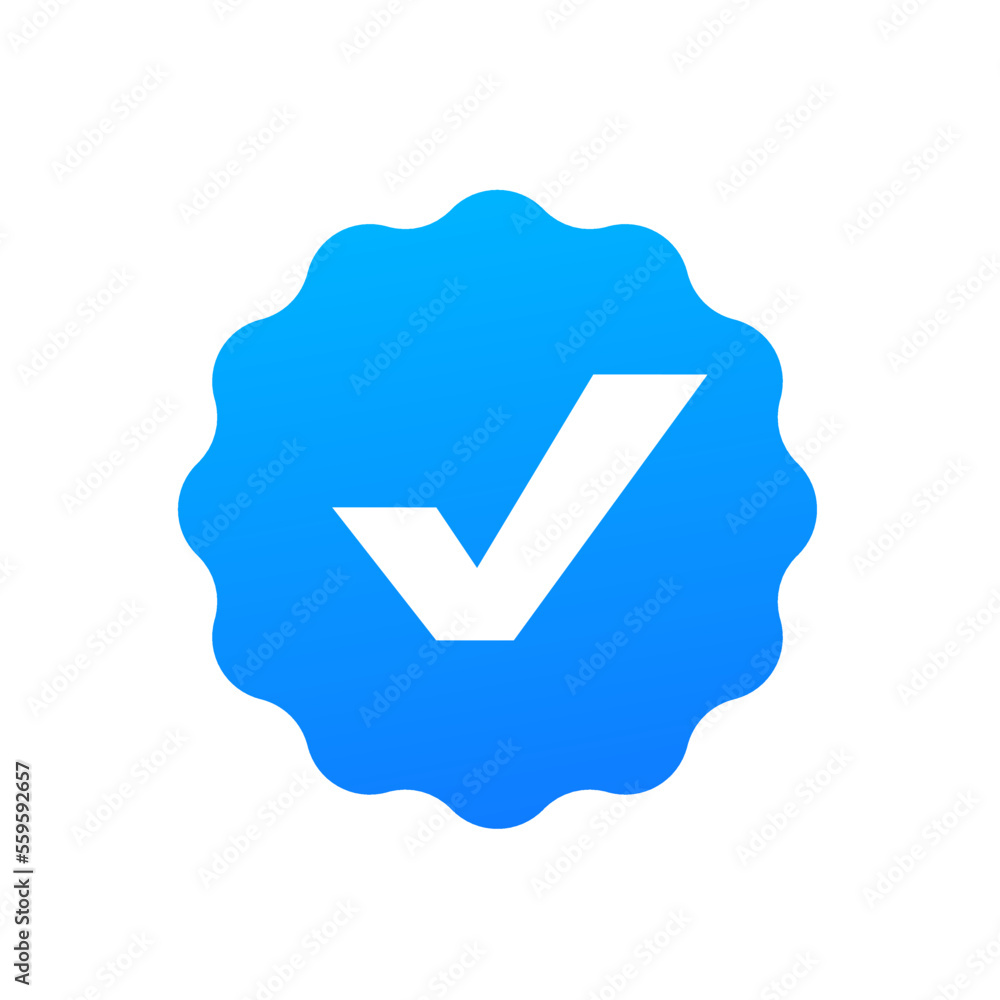 Poster approved icon. white check mark with blue circle in stamp shape sticker isolated on white background