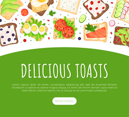 Delicious toasts landing page template. Healthy sandwiches with different natural ingredients for breakfast menu, healthy nutritious eating for web banner cartoon vector