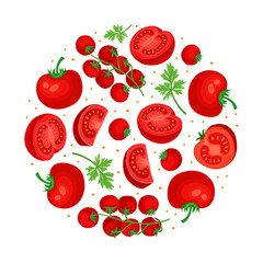 Fresh tomatoes in round shape. Ripe organic vegetables banner, poster, card design template