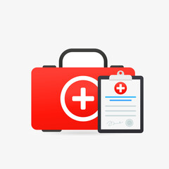 Medical case with medical insurance, documents. Medical clipboard with completed checklist. Medical report. Hospital checkup document. Diagnostic report icon. Check List Clipboard. Vector illustration