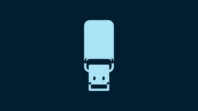 White USB flash drive icon isolated on blue background. 4K Video motion graphic animation