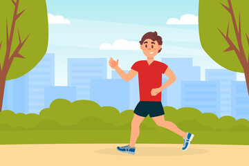 Man jogging in park in the morning. Healthy active lifestyle concept cartoon vector