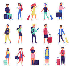 People Traveler with Suitcases and Backpack Enjoying Journey on Vacation Big Vector Set