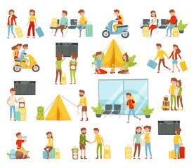 People Traveler with Suitcases and Backpack Enjoying Journey on Vacation Big Vector Set