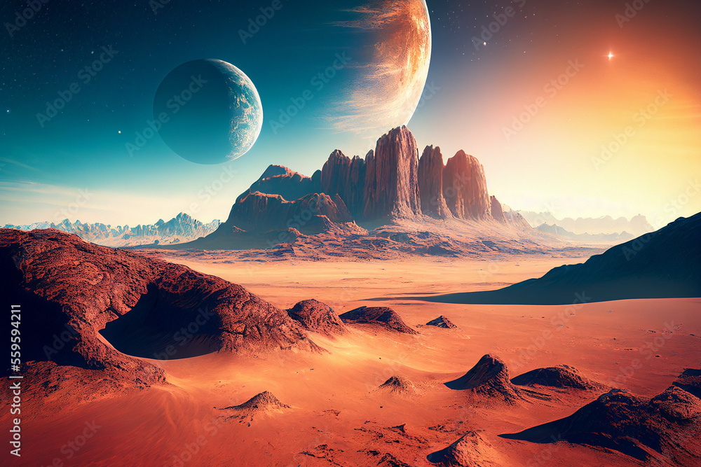 Wall mural landscape of unknown red planet surface with craters and mountains with satellites in the sky. fanta
