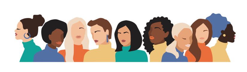 Isolated vector illustration of abstract women with different skin colors. Struggle for freedom, independence, equality. Concept for International Womens Day and other