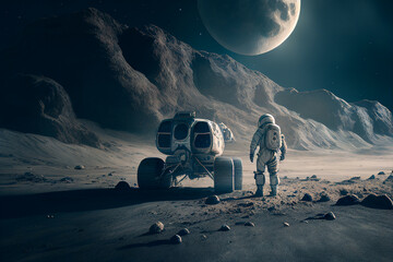 Astronaut in space suit near research station on surface of unknown planet. Space exploration, colonization of new planets and space achievements of mankind. Created with generative ai - obrazy, fototapety, plakaty