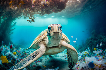 Obraz premium Umweltverschmutzung durch Plastikmüll im Meer. Schildkröte in Plastiktüte verfangen