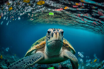 Umweltverschmutzung durch Plastikmüll im Meer. Schildkröte in Plastiktüte verfangen