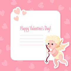 Valentines day pink greeting card. Festive gift card template for romantic event cartoon vector