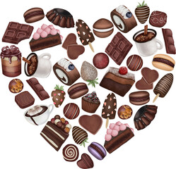 Heart silhouette of aesthetic chocolate cakes, candies and sweets, hand drawn illustration 