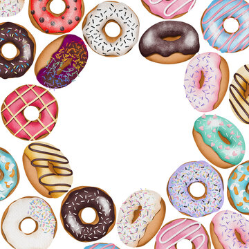 Card template of colorful glazed donuts, hand drawn illustration on white background; flyer, poster, menu background