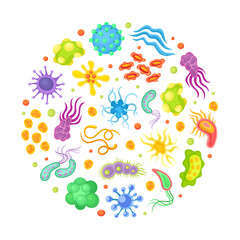 Fototapeta na wymiar Colorful viruses and microbes in round shape. Microbiology and virology microscopic pathogens, cell illness and microorganisms banner, poster, card design template cartoon vector