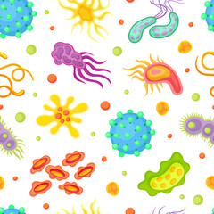 Viruses seamless pattern. Microscopic pathogens, cell illness and microorganisms repeating print for wallpaper, wrapping paper, textile, package design cartoon vector