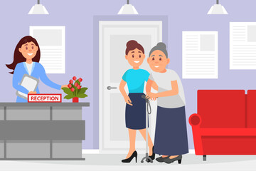 Female nurse or volunteer helping old disabled woman in medical clinic. Social volunteering, support, assistance, diversity concept cartoon vector