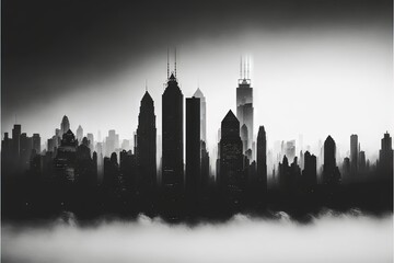 a black and white photo of a city skyline in the fog with skyscrapers in the distance and fog in the air, with a dark sky in the background, and a low layer of fog. Generative AI - obrazy, fototapety, plakaty