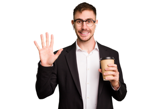 Young business caucasian man drinking a coffee isolated cutout smiling cheerful showing number five with fingers.