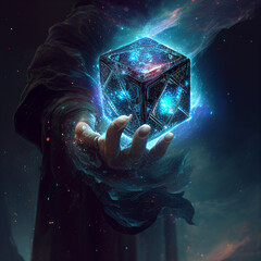 Tesseract Cube Flying İn Black Robed Wizards Hand