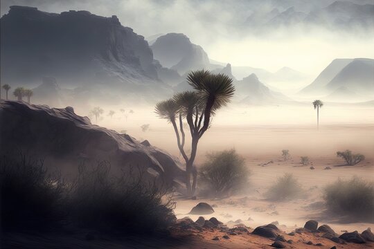 a desert scene with a palm tree and mountains in the background with fog in the air and a few rocks and boulders in the foreground with a few trees in the foreground,.