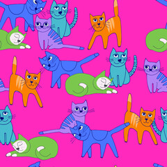 Obraz na płótnie Canvas Seamless pattern with funny cat, in bright luminescent colors. Perfect for kids. Made of vector illustrations in cartoon, sketch style