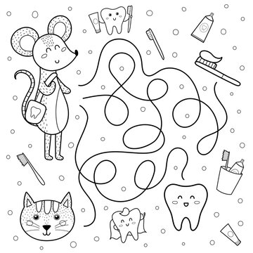 Funny dental maze game for kids. Help the cute mouse get to the tooth. Ratoncito Perez black and white activity page for school and preschool. Vector illustration