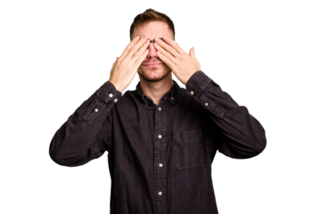 Young caucasian man cut out isolated afraid covering eyes with hands.