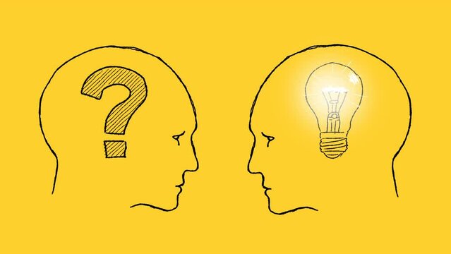 Two human heads face to face. Left head with question mark inside and right head with lightbulb inside. Illustration drawn on a yellow background. Idea generation, FAQ. Question and answer, QA.