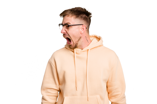Young caucasian man cut out isolated shouting very angry, rage concept, frustrated. - Powered by Adobe