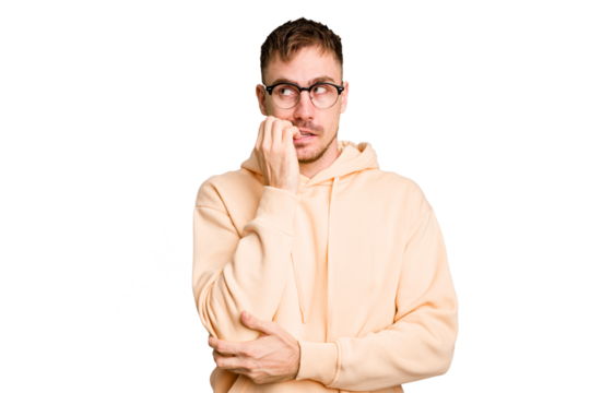 Young caucasian man cut out isolated biting fingernails, nervous and very anxious.