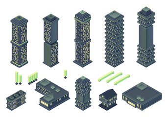 Isometric sustainability smart city buildings. Futuristic city skyscrapers and administration buildings with green energy power lines landingpage
