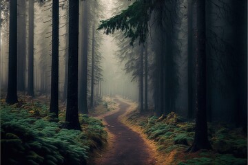 Obraz premium a path in a forest with tall trees and grass on both sides of it, surrounded by tall, green, leafy trees, and yellow foliage, with a trail in the middle.
