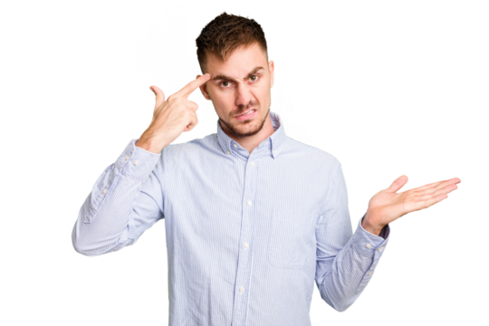 Young caucasian man cut out isolated showing a disappointment gesture with forefinger. - Powered by Adobe