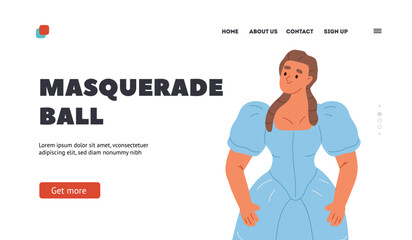 Masquerade ball concept of landing page with young woman in 18th century dress costume
