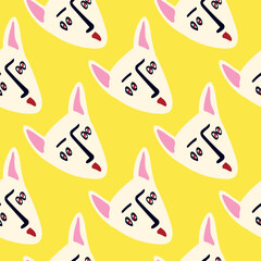 Pattern with Funky cat with a lovely face. Freaky comic cat face. Bizarre Valentine's Day pattern