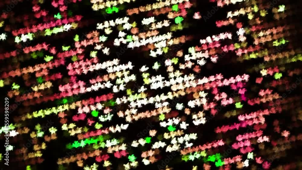 Poster Rotating background with bright dots moving lines. Motion. Moving streams of flashing dots in disco ball style. Disco background with rotating stream of colorful flashing dots
