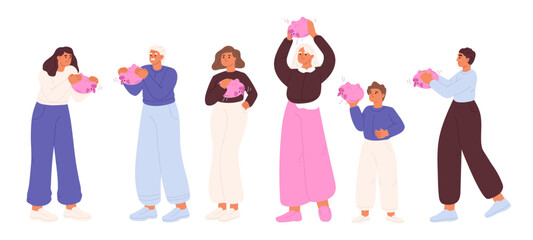 Group of poor people hold piggy banks. Unemployed young characters suffer from financial crisis