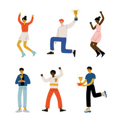 Successful men and women celebrating victory with winner cups set. Happy winners holding trophy and awards cartoon vector illustration