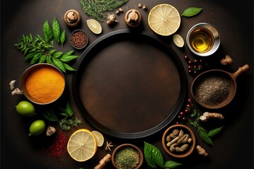 Obraz na płótnie Canvas a circle of spices and herbs on a table top with a black background and a black circle with a black border around it, surrounded by a variety of spices and herbs and a few.
