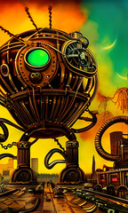 Generative AI, weidcore based vivid impact images depicting steampunk and clockpunk retro styled sci fi scenes 
