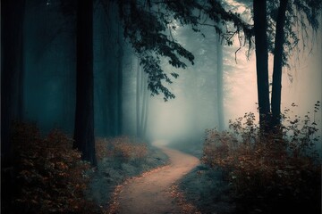 a path in the middle of a forest with fog on the trees and bushes on either side of it, leading into the distance, with a trail in the middle of the woods with.